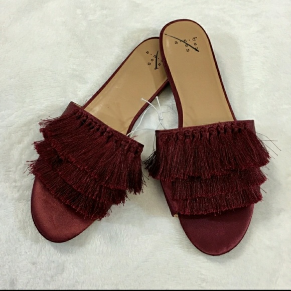 Satin Fringe Slide Burgundy Sandals - Picture 3 of 3